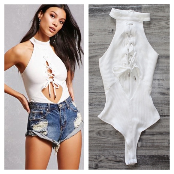 Forever 21 Tops - 🆕 White Lace Up Cut Out Ribbed High Neck Bodysuit